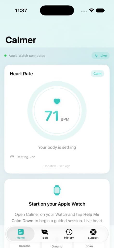 Calmer iPhone dashboard showing live heart rate synced from Apple Watch