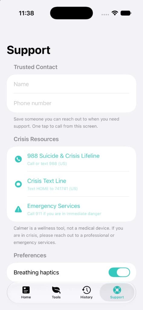 Support screen on iPhone with trusted contact and crisis resources