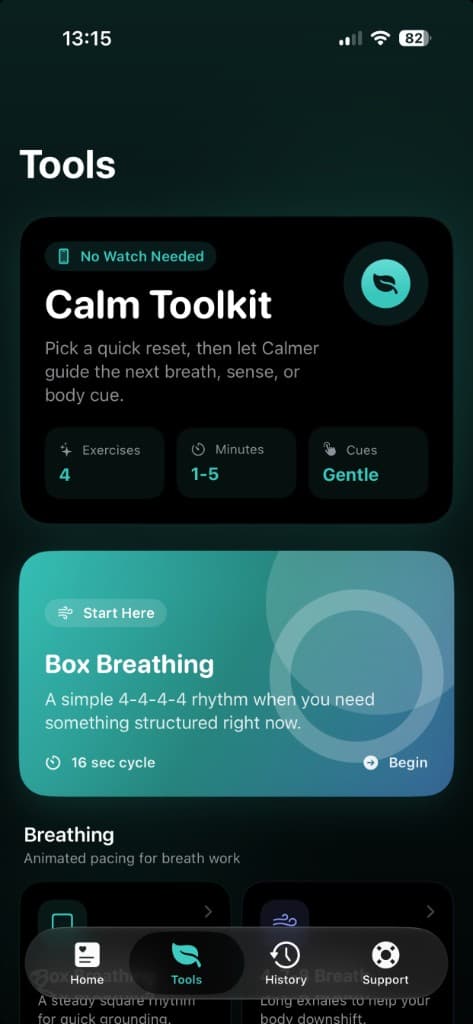 Calm Toolkit screen on iPhone in dark mode with Box Breathing featured