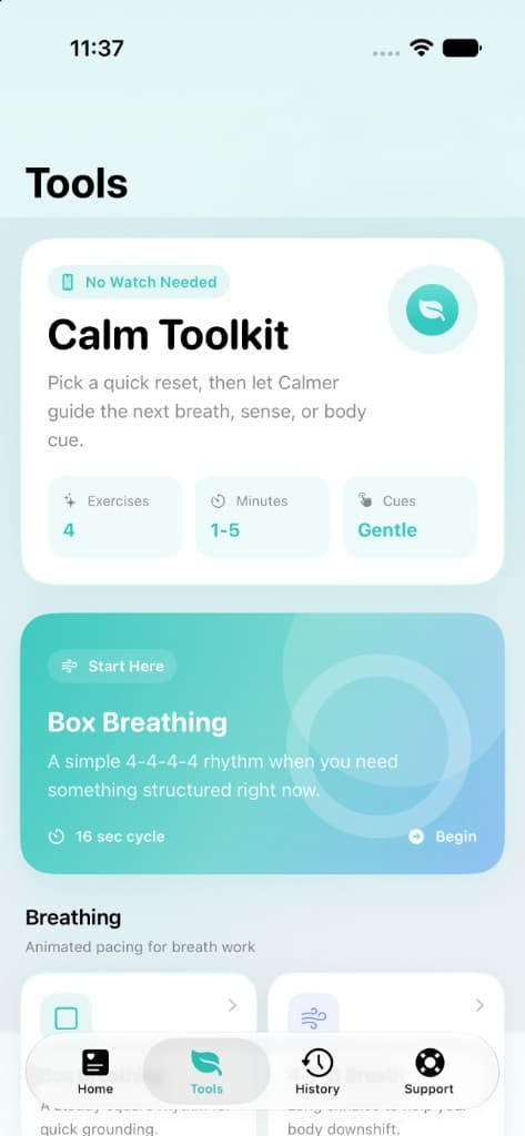 Calm Toolkit screen on iPhone in light mode with Box Breathing featured