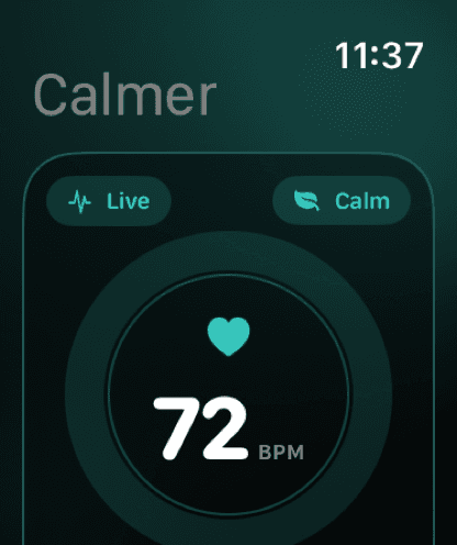 Calmer on Apple Watch showing a live heart rate of 72 BPM in the calm zone