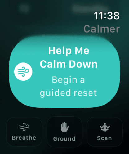 The Help Me Calm Down button on Apple Watch, with Breathe, Ground, and Scan previews